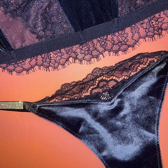 Victoria's Secret LONGLINE 34D,36D BRA SET CORSET+ROBE VELVET Velour NAVY BLUE - Picture 7 of 11